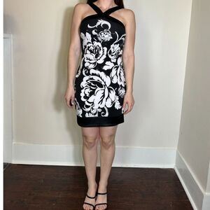 Cache Black White Dress with Sequins, Flowers, and Cross Front Detail Size 4